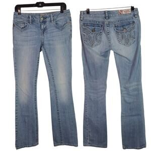 MEK Blue Denim Oaxaca Slim Bootcut Flap Pocket Embroidered Jeans 27 34